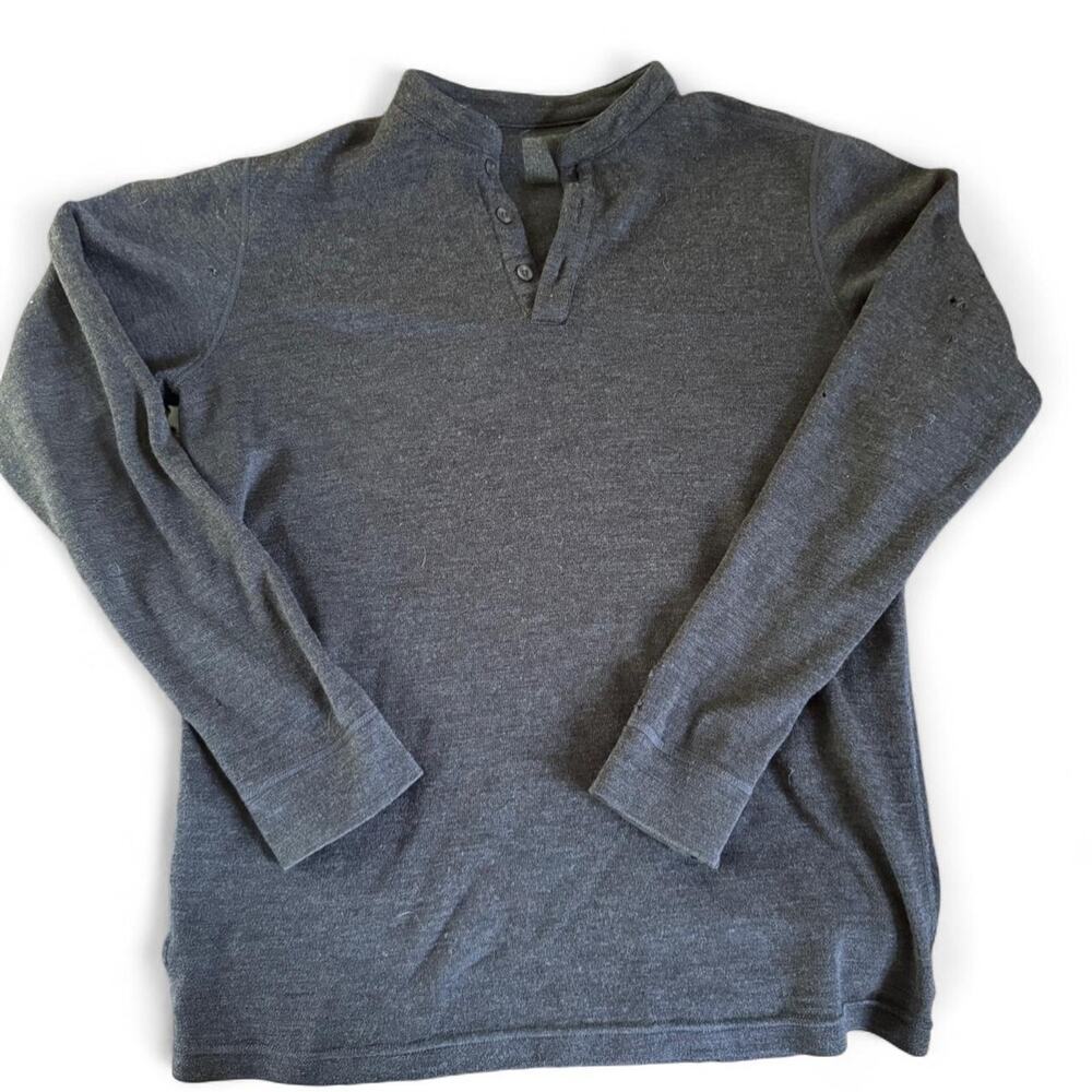 Meriwool Distressed 100% Merino Wool Henley Gray Long Sleeve Grunge Mens Size M